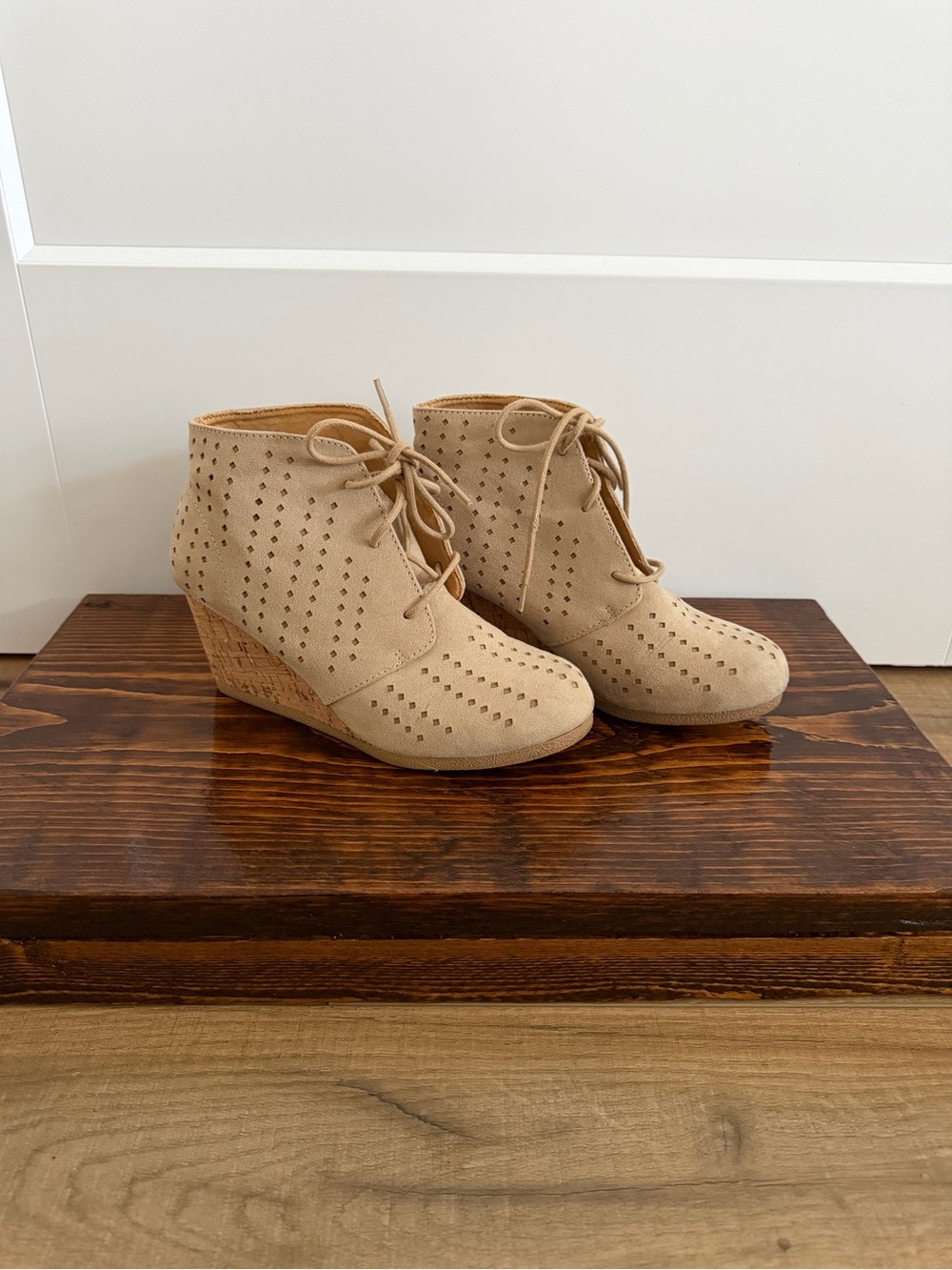 Maurices Tan Perforated Lace-Up Wedge Booties